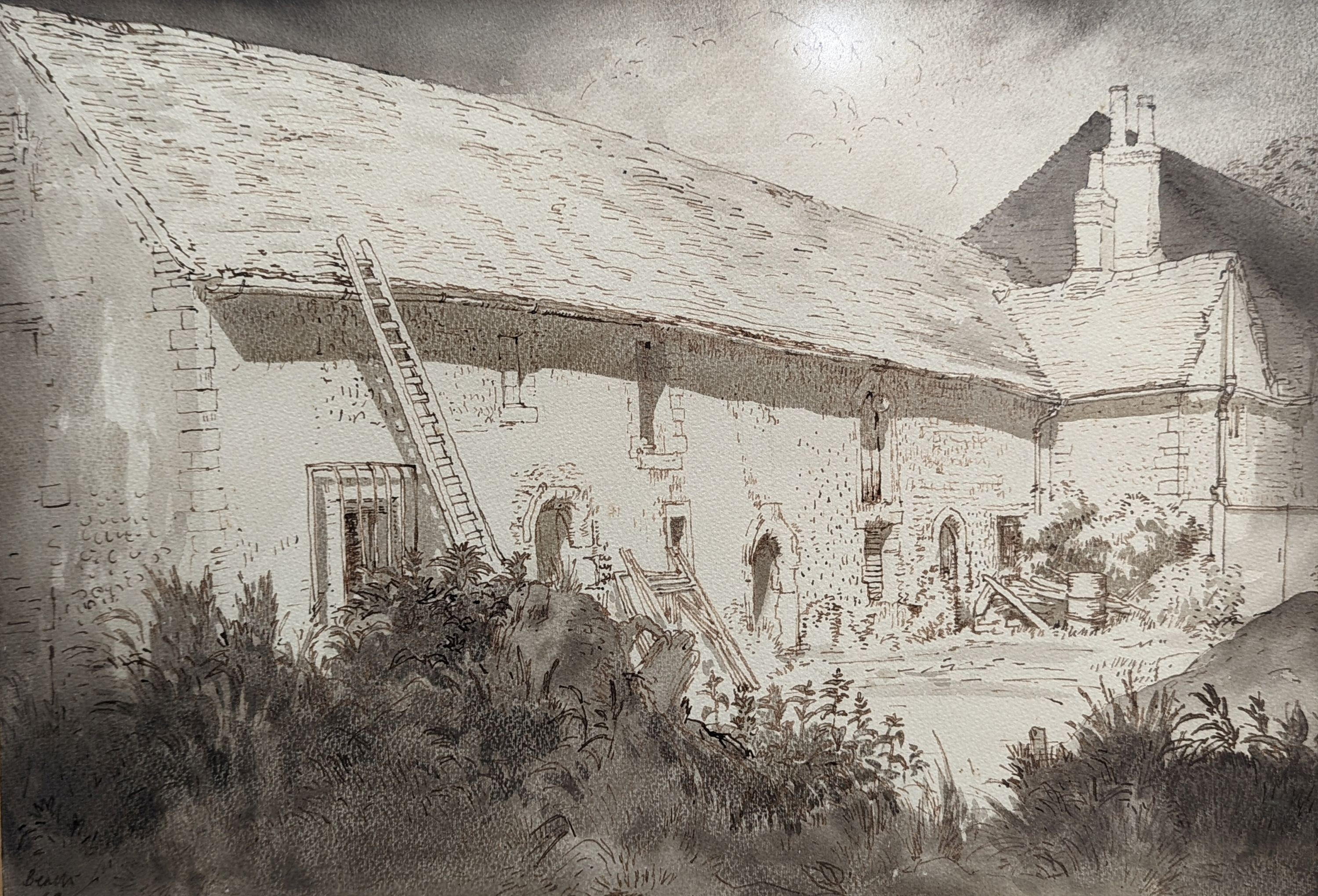 Adrian Beach (20th century), ink and wash, Hangleton Manor, signed and dated '49, label verso, 34 x 49cm